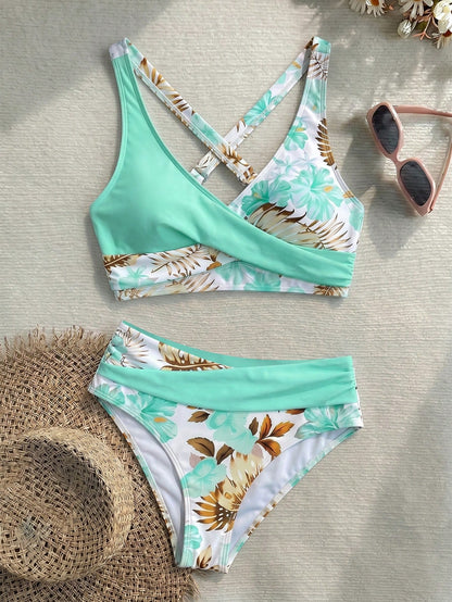 New Sexy Elegant Floral Print Solid Color Fabric Swimwear, Criss-Cross Contrast Shoulder Strap Design, Tankini Swimwear Summer Vacation Beach, Resort Wear, For Women