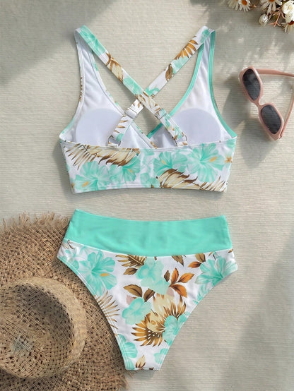 New Sexy Elegant Floral Print Solid Color Fabric Swimwear, Criss-Cross Contrast Shoulder Strap Design, Tankini Swimwear Summer Vacation Beach, Resort Wear, For Women