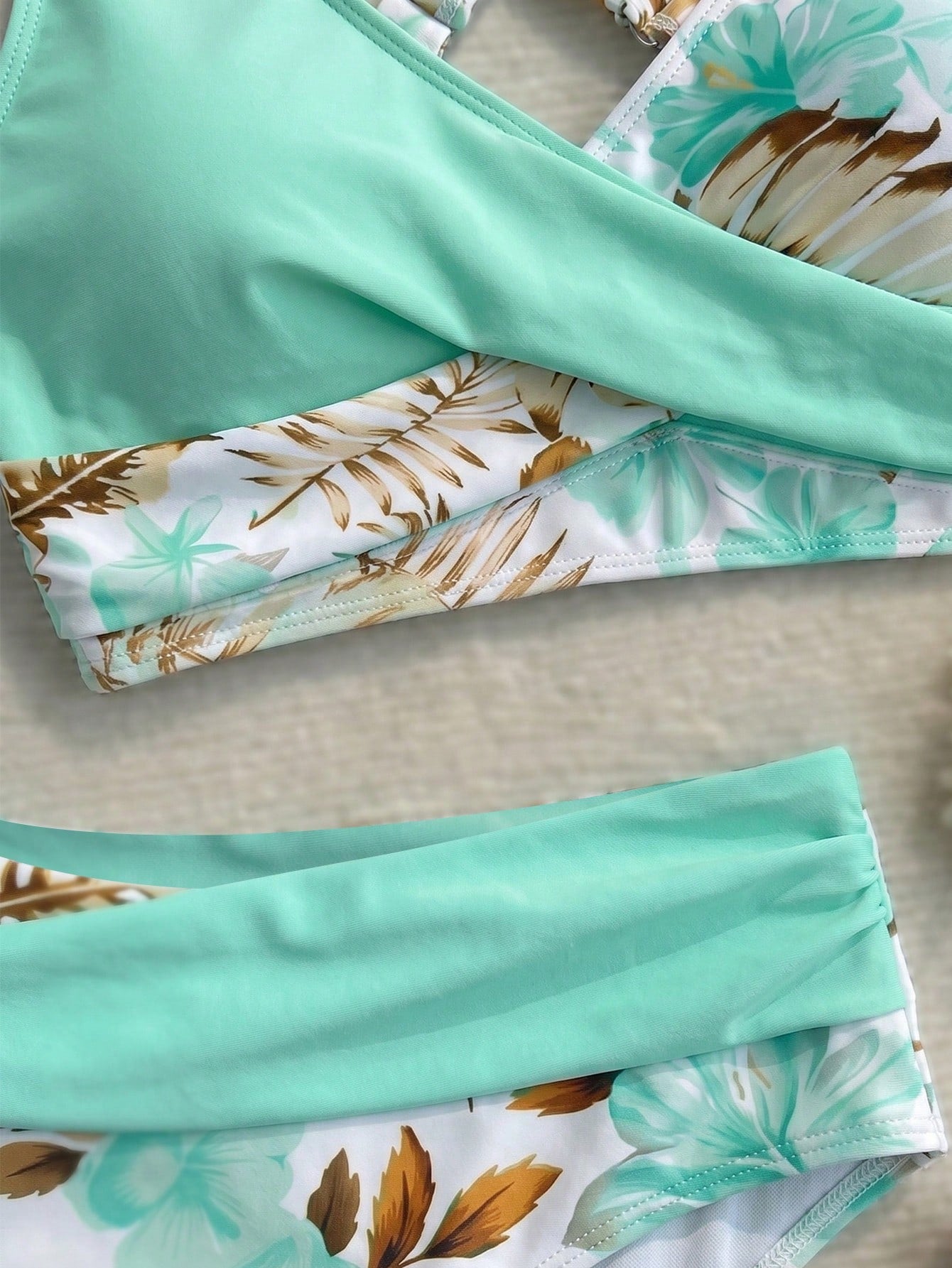 New Sexy Elegant Floral Print Solid Color Fabric Swimwear, Criss-Cross Contrast Shoulder Strap Design, Tankini Swimwear Summer Vacation Beach, Resort Wear, For Women