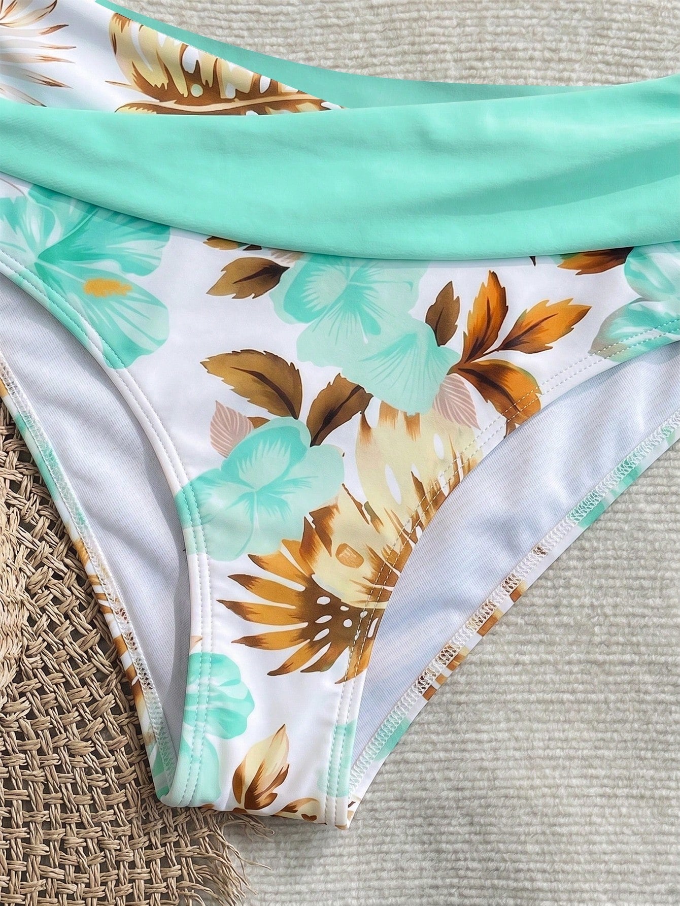 New Sexy Elegant Floral Print Solid Color Fabric Swimwear, Criss-Cross Contrast Shoulder Strap Design, Tankini Swimwear Summer Vacation Beach, Resort Wear, For Women