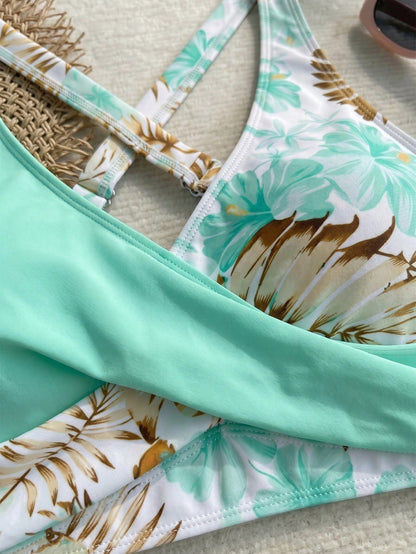 New Sexy Elegant Floral Print Solid Color Fabric Swimwear, Criss-Cross Contrast Shoulder Strap Design, Tankini Swimwear Summer Vacation Beach, Resort Wear, For Women
