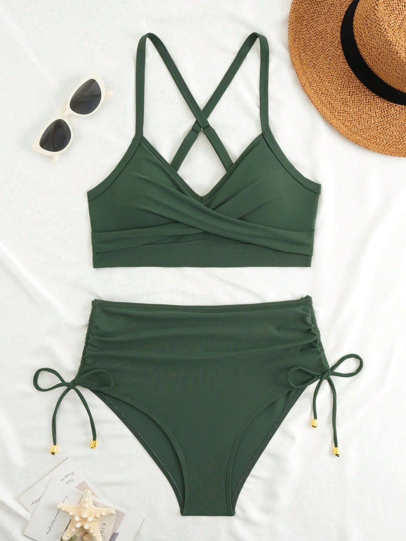 New Sexy High Waist Criss-Cross Strap Bikini Set For Women, Metal Pendant Decor, Adjustable Drawstring, Flattering Tummy Coverage Vacation Beach Summer
