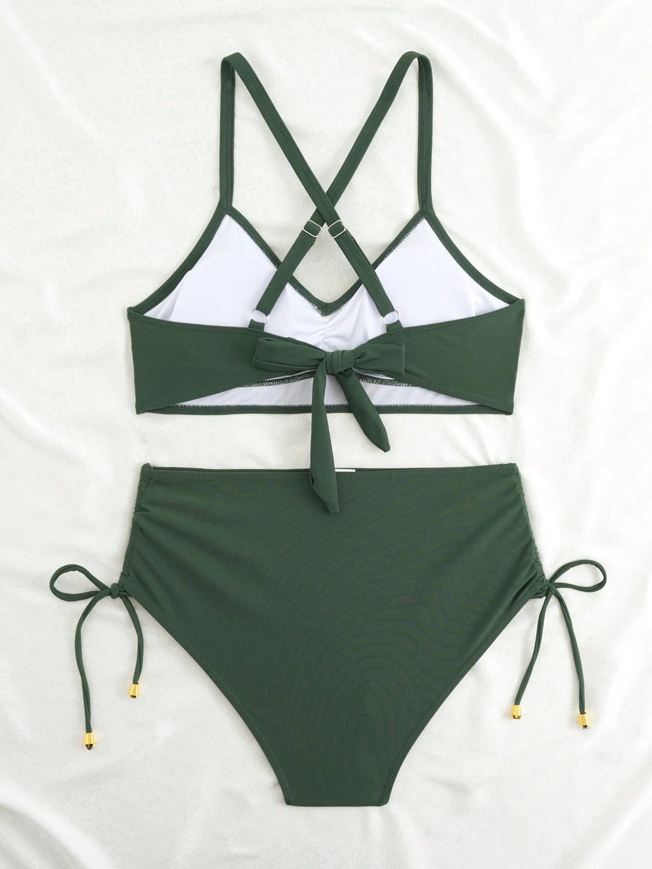 New Sexy High Waist Criss-Cross Strap Bikini Set For Women, Metal Pendant Decor, Adjustable Drawstring, Flattering Tummy Coverage Vacation Beach Summer