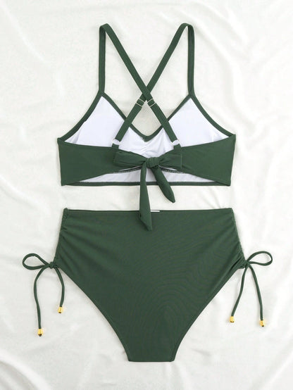 New Sexy High Waist Criss-Cross Strap Bikini Set For Women, Metal Pendant Decor, Adjustable Drawstring, Flattering Tummy Coverage Vacation Beach Summer