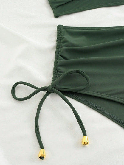 New Sexy High Waist Criss-Cross Strap Bikini Set For Women, Metal Pendant Decor, Adjustable Drawstring, Flattering Tummy Coverage Vacation Beach Summer