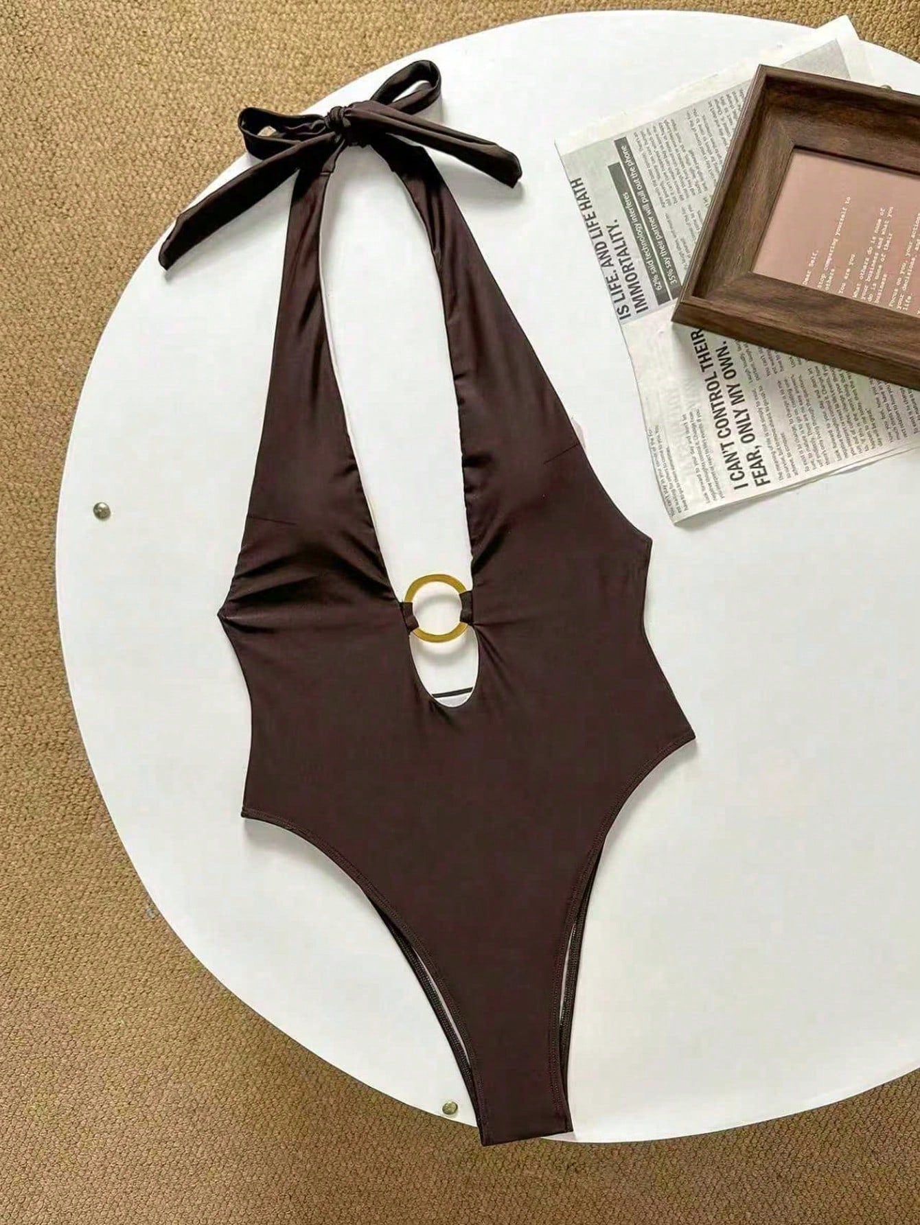 New Sexy Solid Color Metal Ring Deep V One-Piece Swimsuit For Women, Suitable For Beach, Pool Party Vacation Summer Brown, Minimalist