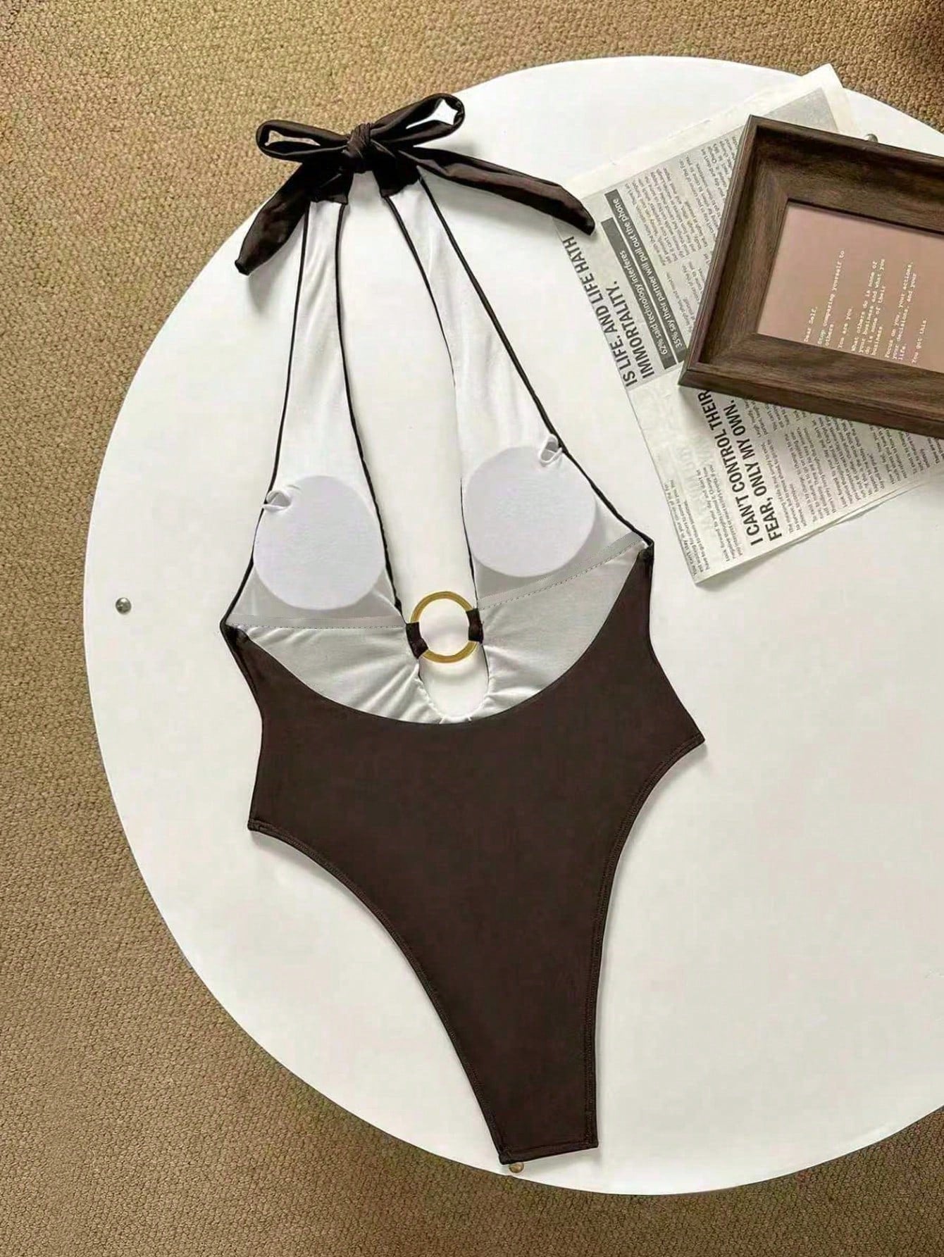 New Sexy Solid Color Metal Ring Deep V One-Piece Swimsuit For Women, Suitable For Beach, Pool Party Vacation Summer Brown, Minimalist