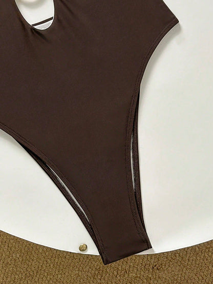 New Sexy Solid Color Metal Ring Deep V One-Piece Swimsuit For Women, Suitable For Beach, Pool Party Vacation Summer Brown, Minimalist
