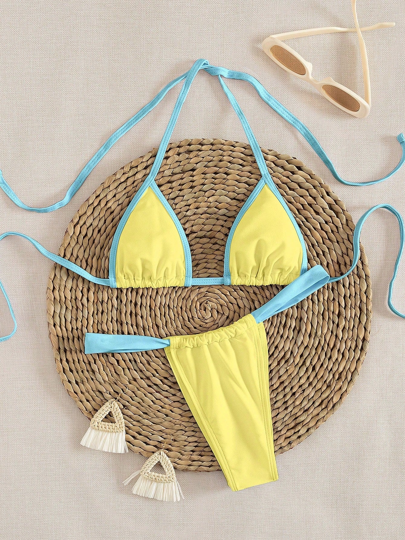 New Solid Color Halter Tie Elegant Sexy Micro Triangle Bikini Set, Summer Beach Fashion Women Bikini Vacation