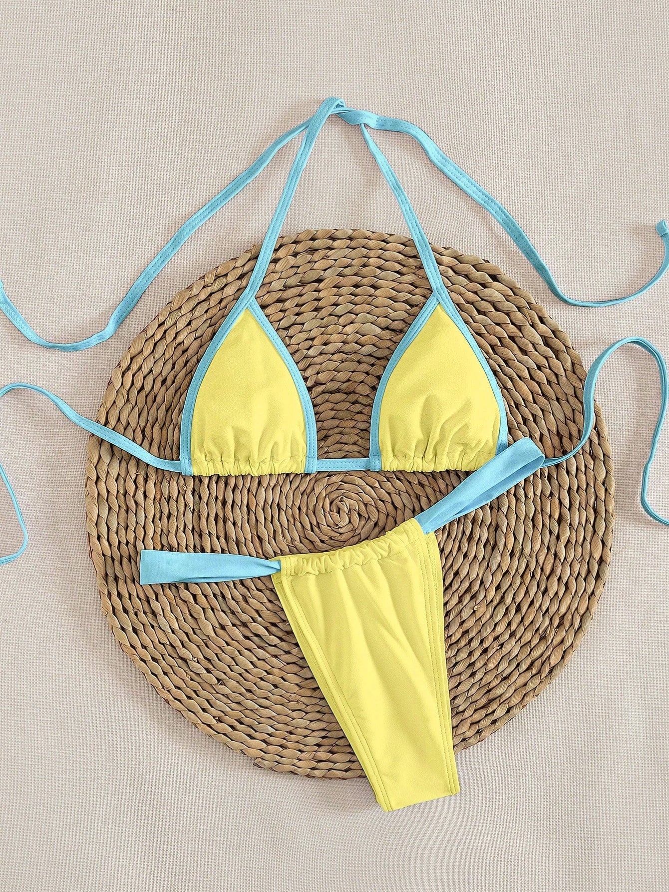 New Solid Color Halter Tie Elegant Sexy Micro Triangle Bikini Set, Summer Beach Fashion Women Bikini Vacation