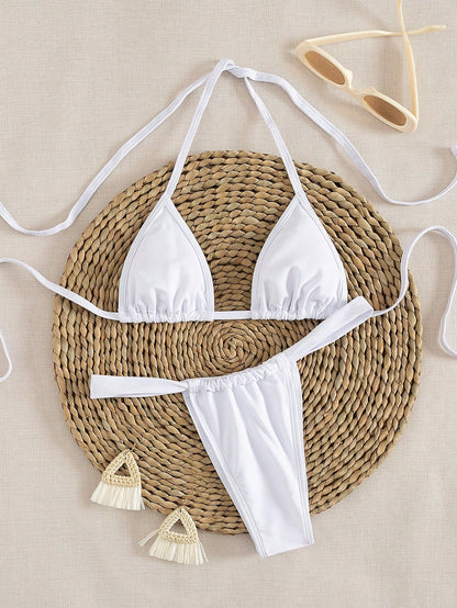 New Solid Color Halter Tie Elegant Sexy Micro Triangle Bikini Set, Summer Beach Fashion Women Bikini Vacation
