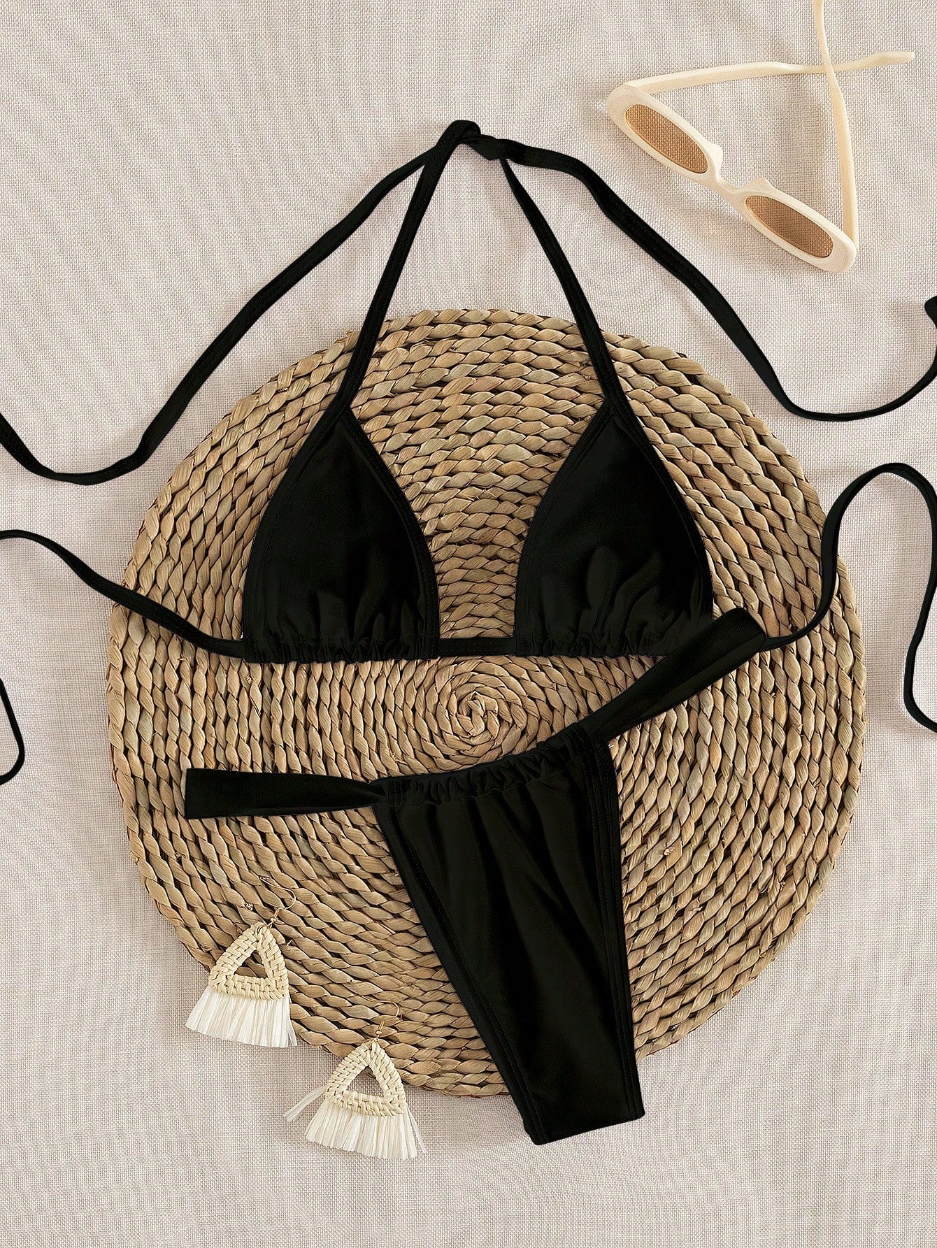New Solid Color Halter Tie Up Elegant Sexy Party Micro Triangle Bikini Set, Summer Beach Fashion Women Bikini Vacation Casual Black