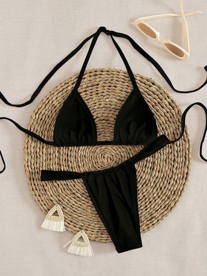 New Solid Color Halter Tie Up Elegant Sexy Party Micro Triangle Bikini Set, Summer Beach Fashion Women Bikini Vacation Casual Black