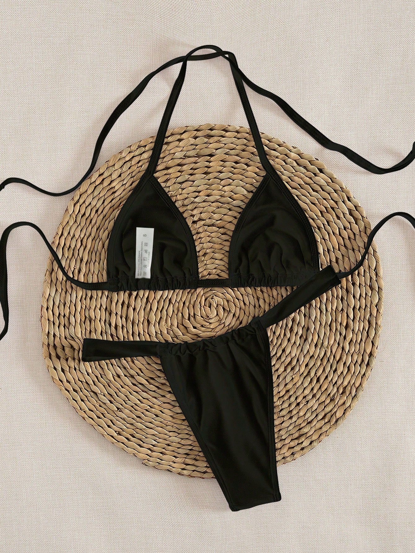 New Solid Color Halter Tie Up Elegant Sexy Party Micro Triangle Bikini Set, Summer Beach Fashion Women Bikini Vacation Casual Black
