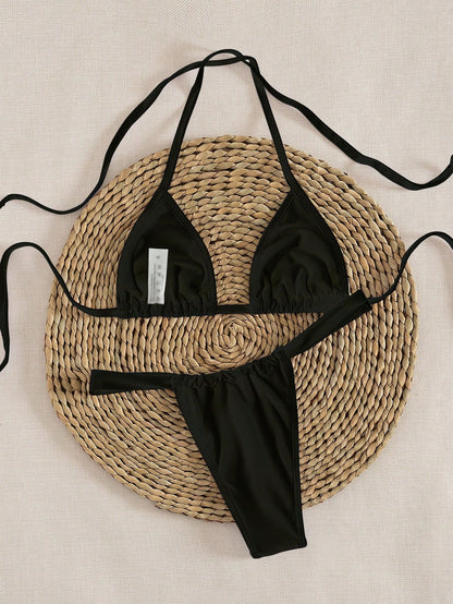 New Solid Color Halter Tie Up Elegant Sexy Party Micro Triangle Bikini Set, Summer Beach Fashion Women Bikini Vacation Casual Black