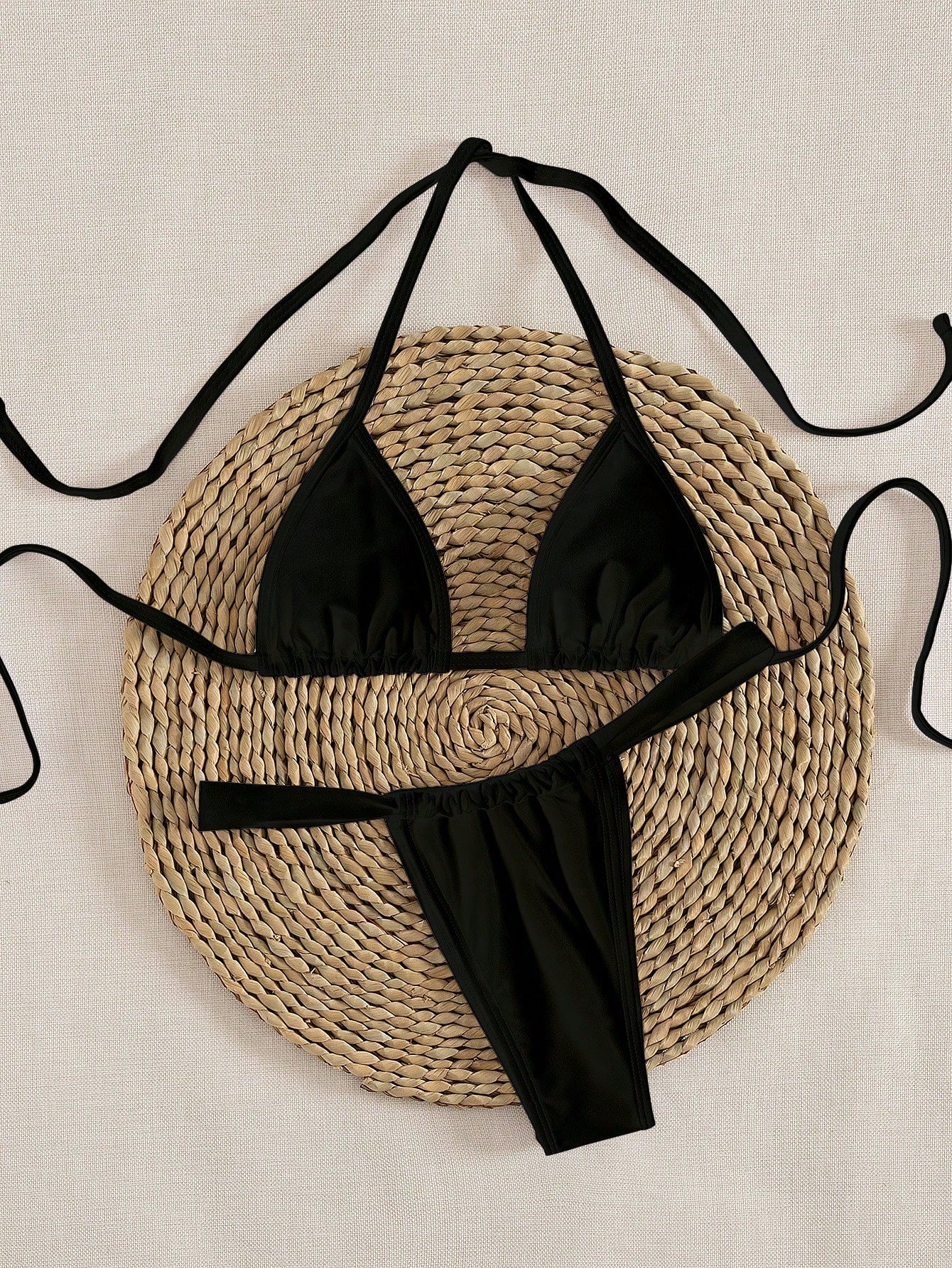 New Solid Color Halter Tie Up Elegant Sexy Party Micro Triangle Bikini Set, Summer Beach Fashion Women Bikini Vacation Casual Black