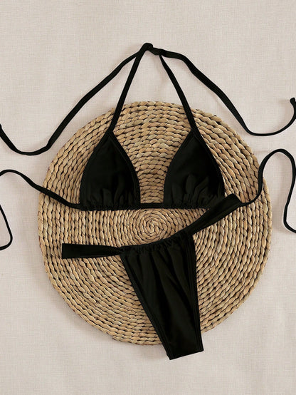New Solid Color Halter Tie Up Elegant Sexy Party Micro Triangle Bikini Set, Summer Beach Fashion Women Bikini Vacation Casual Black