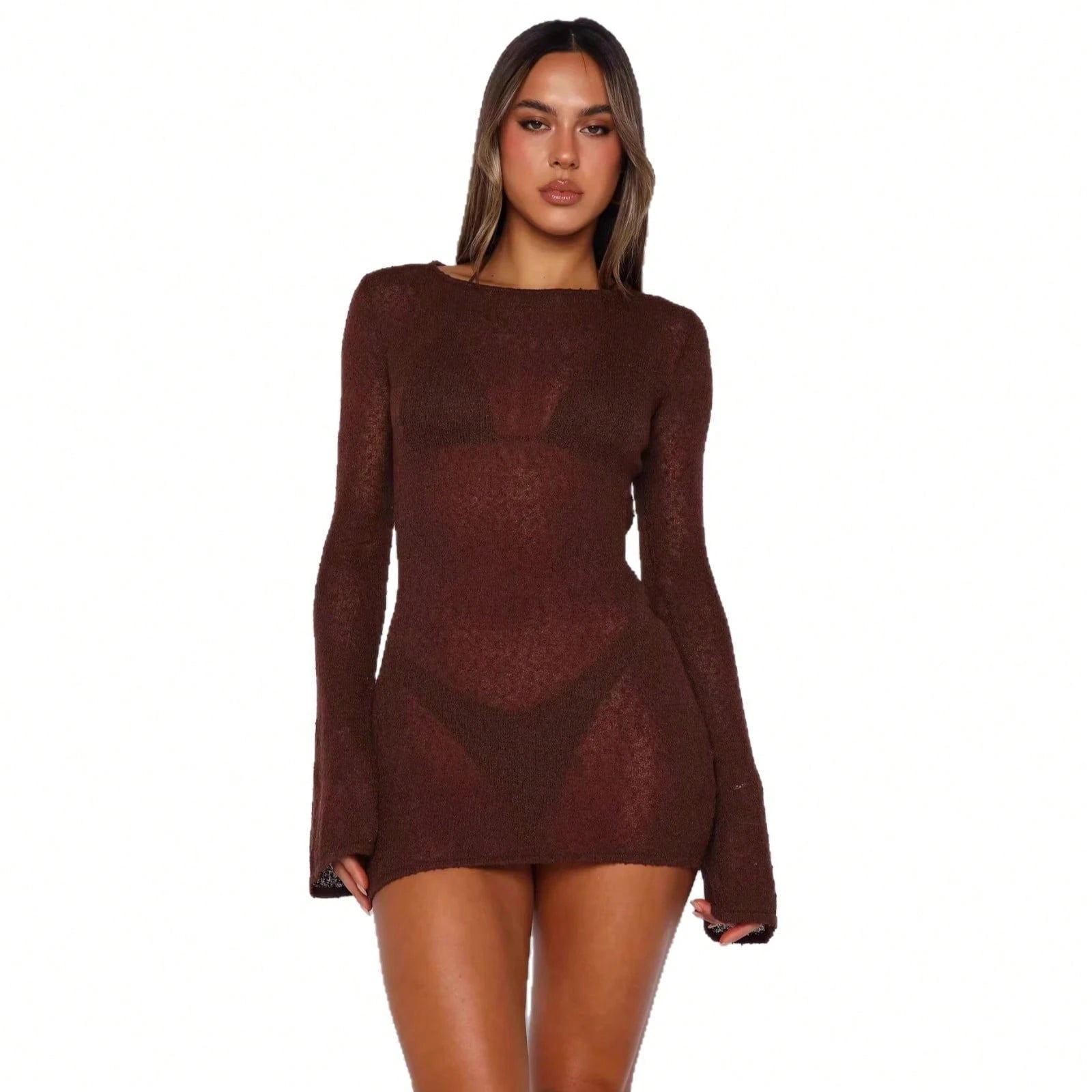 New Solid Color Knit Dress, Sexy Sheer Backless Round Neck Long Sleeve Beach Cover-Up