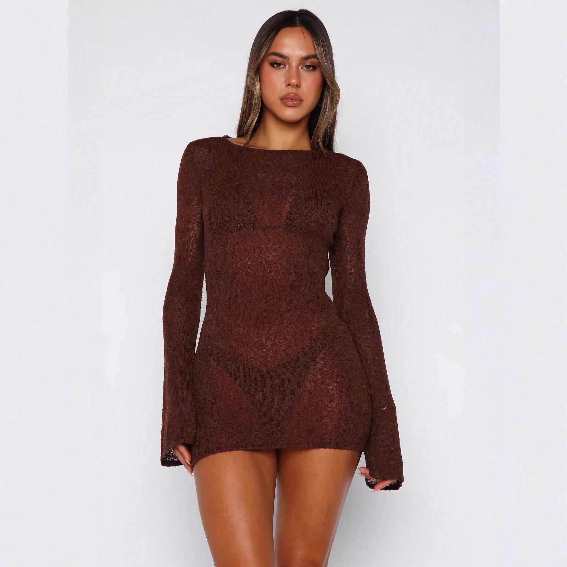 New Solid Color Knit Dress, Sexy Sheer Backless Round Neck Long Sleeve Beach Cover-Up