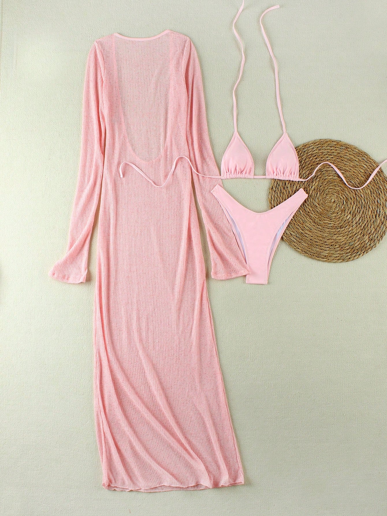 New Spring/Summer Women's Fashion Casual Sexy Elegant Resort Beach Party Date Pink Swimwear Cover-Up Set, Suitable For Parties And Gatherings Vacation
