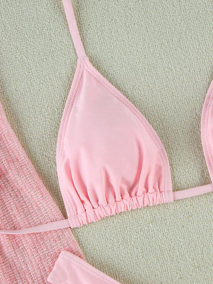 New Spring/Summer Women's Fashion Casual Sexy Elegant Resort Beach Party Date Pink Swimwear Cover-Up Set, Suitable For Parties And Gatherings Vacation