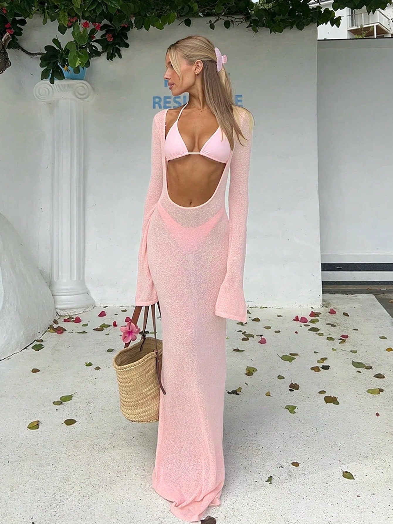 New Spring/Summer Women's Fashion Casual Sexy Elegant Resort Beach Party Date Pink Swimwear Cover-Up Set, Suitable For Parties And Gatherings Vacation