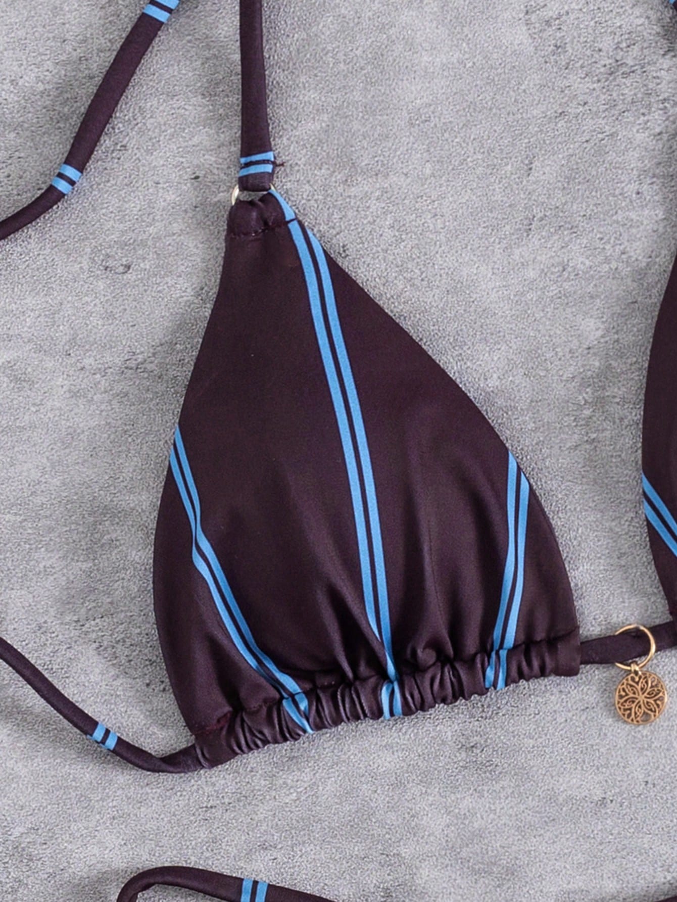 New Striped Triangle Bikini Set With Metal Pendant Decor, Spaghetti Strap Backless Party Beach Swimwear For Women Vacation Summer, Coastal Style