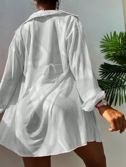 New Summer Beach Outerwear, Mesh Printed Sunscreen Long Sleeve Beachwear Vacation Casual White