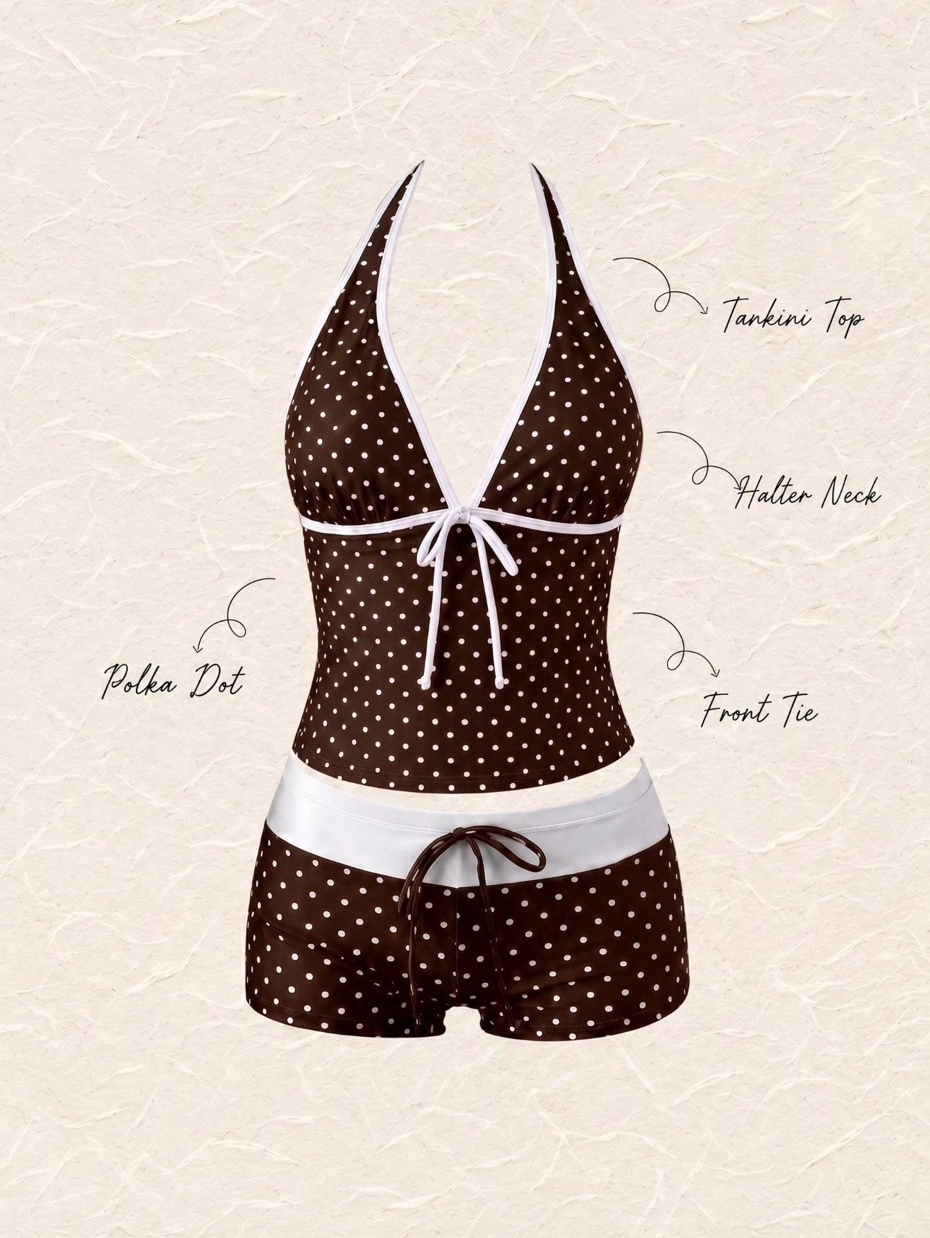 New Summer Fresh Sweet Cute Style Brown And White Polka Dot Color Block Halter Neck Bikini Set With Shorts For Beach Vacation And Casual Wear