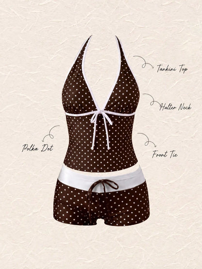 New Summer Fresh Sweet Cute Style Brown And White Polka Dot Color Block Halter Neck Bikini Set With Shorts For Beach Vacation And Casual Wear