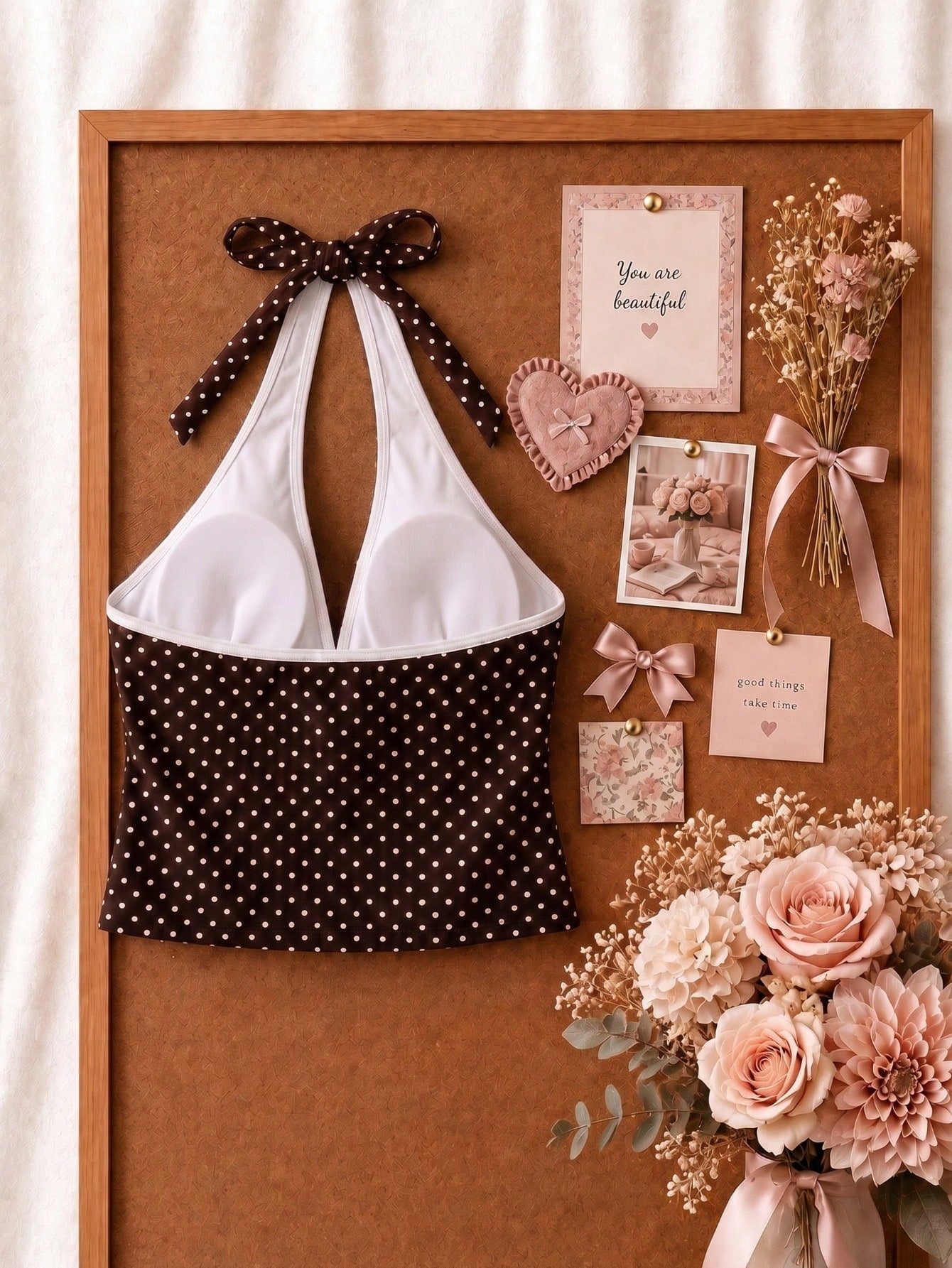 New Summer Fresh Sweet Cute Style Brown And White Polka Dot Color Block Halter Neck Bikini Set With Shorts For Beach Vacation And Casual Wear