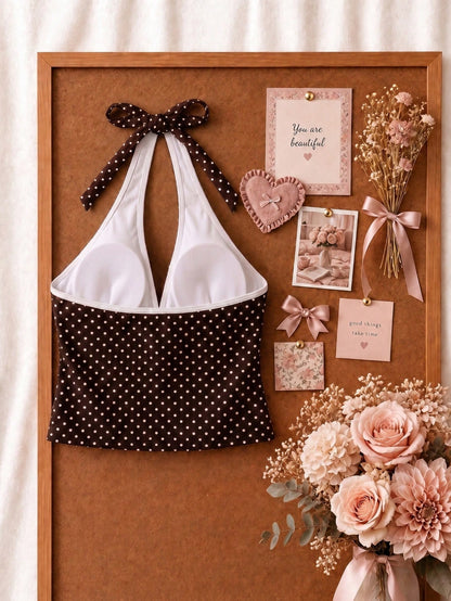 New Summer Fresh Sweet Cute Style Brown And White Polka Dot Color Block Halter Neck Bikini Set With Shorts For Beach Vacation And Casual Wear