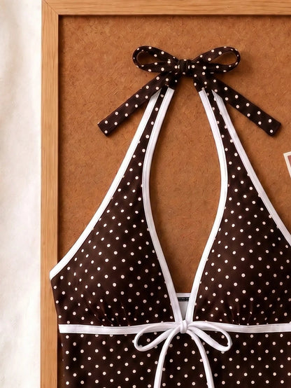 New Summer Fresh Sweet Cute Style Brown And White Polka Dot Color Block Halter Neck Bikini Set With Shorts For Beach Vacation And Casual Wear