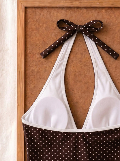 New Summer Fresh Sweet Cute Style Brown And White Polka Dot Color Block Halter Neck Bikini Set With Shorts For Beach Vacation And Casual Wear