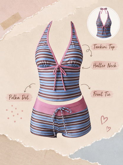 New Summer Fresh Sweet Cute Style Brown And White Polka Dot Color Block Halter Neck Bikini Set With Shorts For Beach Vacation And Casual Wear