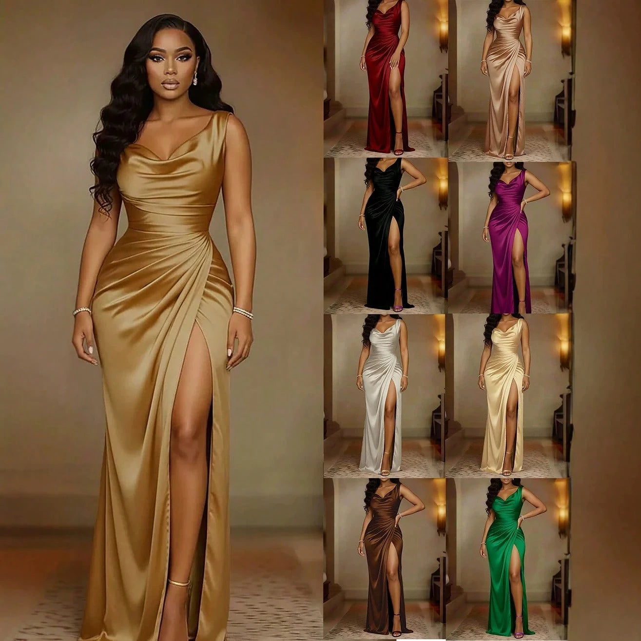 New Summer Solid Sleeveless Split Hem Slim Evening Dress For Party