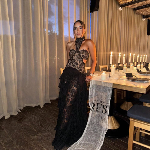 New White Halter Lace Cutout Waist Maxi Dress Sexy Vacation Beach Evening Party Gown For Women