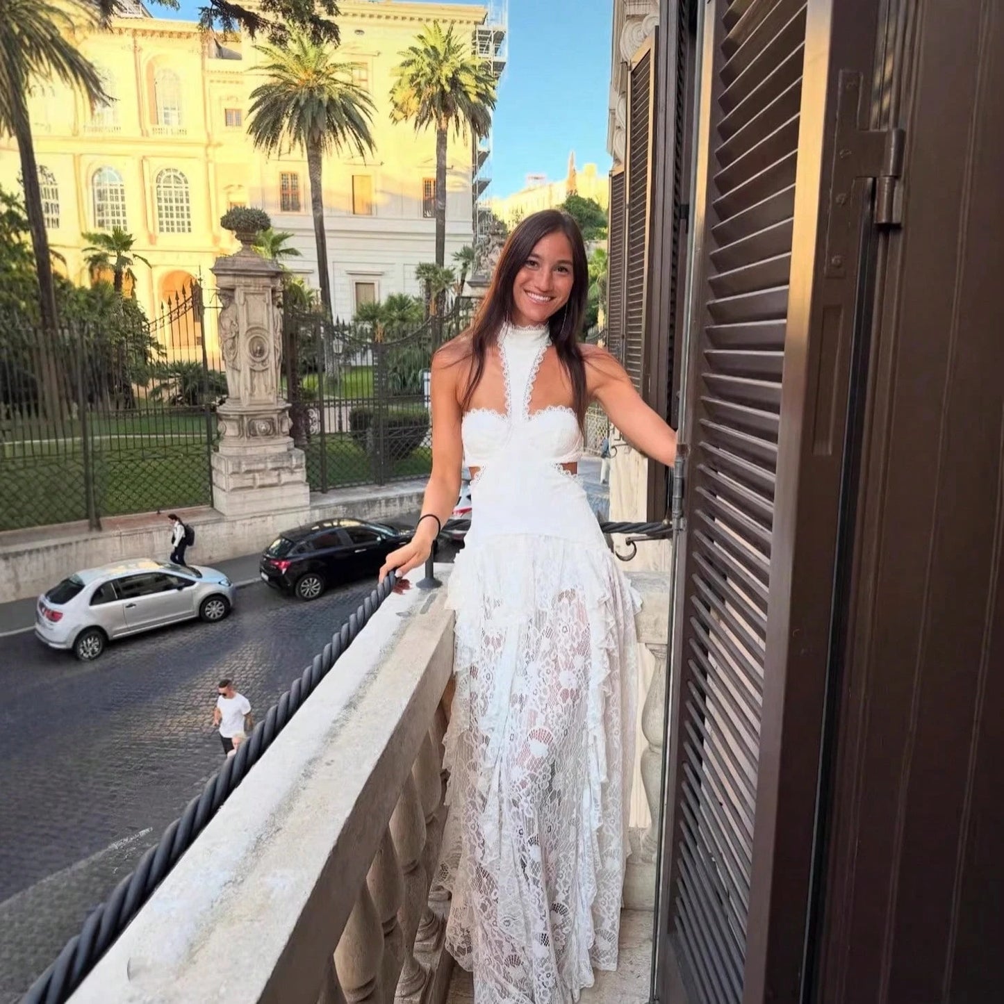 New White Halter Lace Cutout Waist Maxi Dress Sexy Vacation Beach Evening Party Gown For Women
