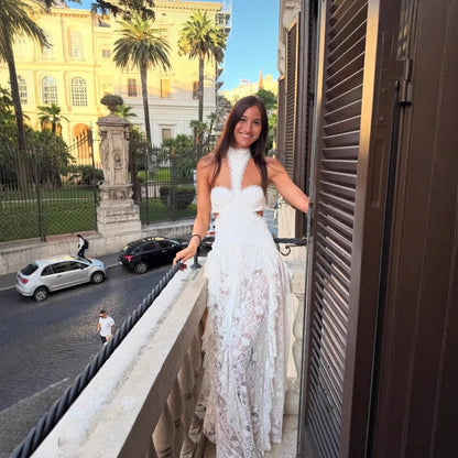 New White Halter Lace Cutout Waist Maxi Dress Sexy Vacation Beach Evening Party Gown For Women