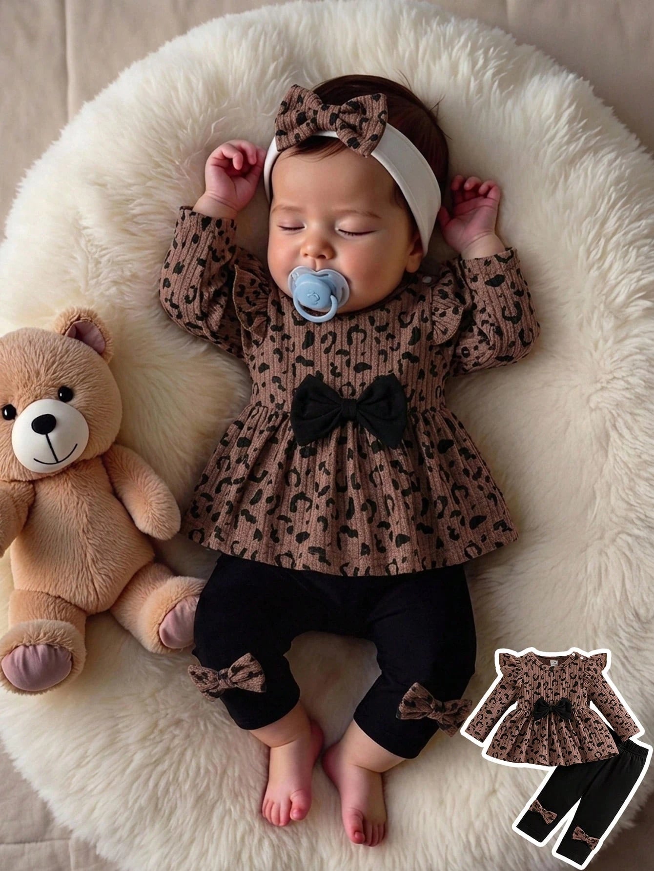 Newborn Autumn Brown Zebra Print Gentle Style Cute Heart Print Black Bowknot Embellished Knit Petal Sleeve Top With Pure Black Pants 2-Piece Set