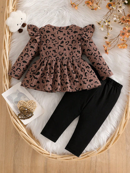 Newborn Autumn Brown Zebra Print Gentle Style Cute Heart Print Black Bowknot Embellished Knit Petal Sleeve Top With Pure Black Pants 2-Piece Set