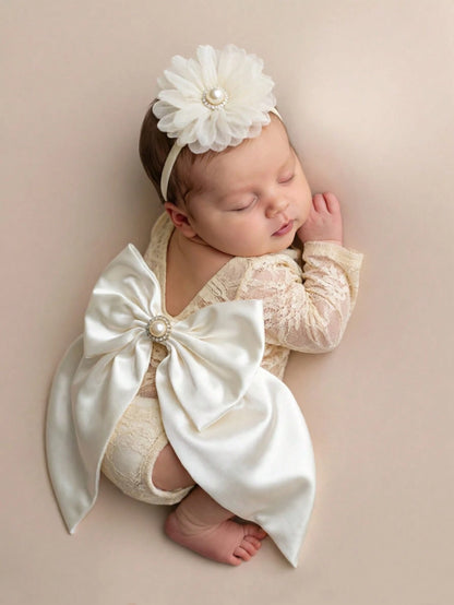 Newborn Baby Bowknot Decor Lace Fashion Photography Outfit Jumpsuit