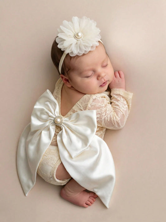 Newborn Baby Bowknot Decor Lace Fashion Photography Outfit Jumpsuit