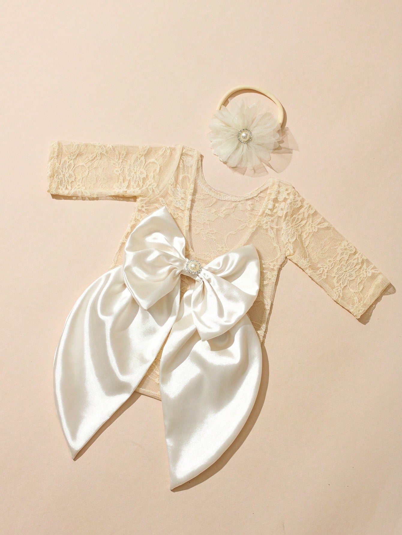 Newborn Baby Bowknot Decor Lace Fashion Photography Outfit Jumpsuit