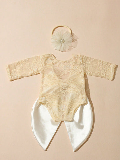 Newborn Baby Bowknot Decor Lace Fashion Photography Outfit Jumpsuit