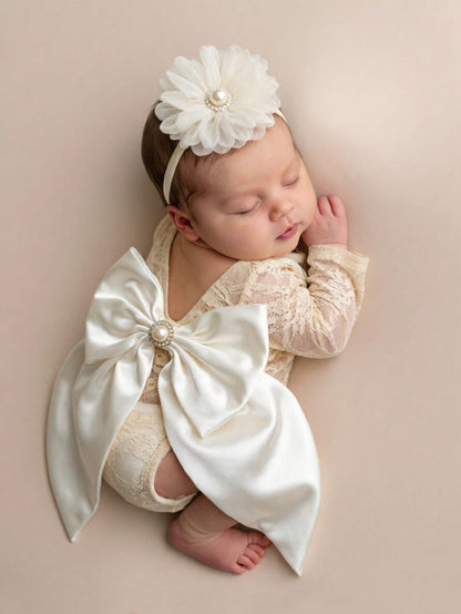 Newborn Baby Bowknot Decor Lace Fashion Photography Outfit Jumpsuit