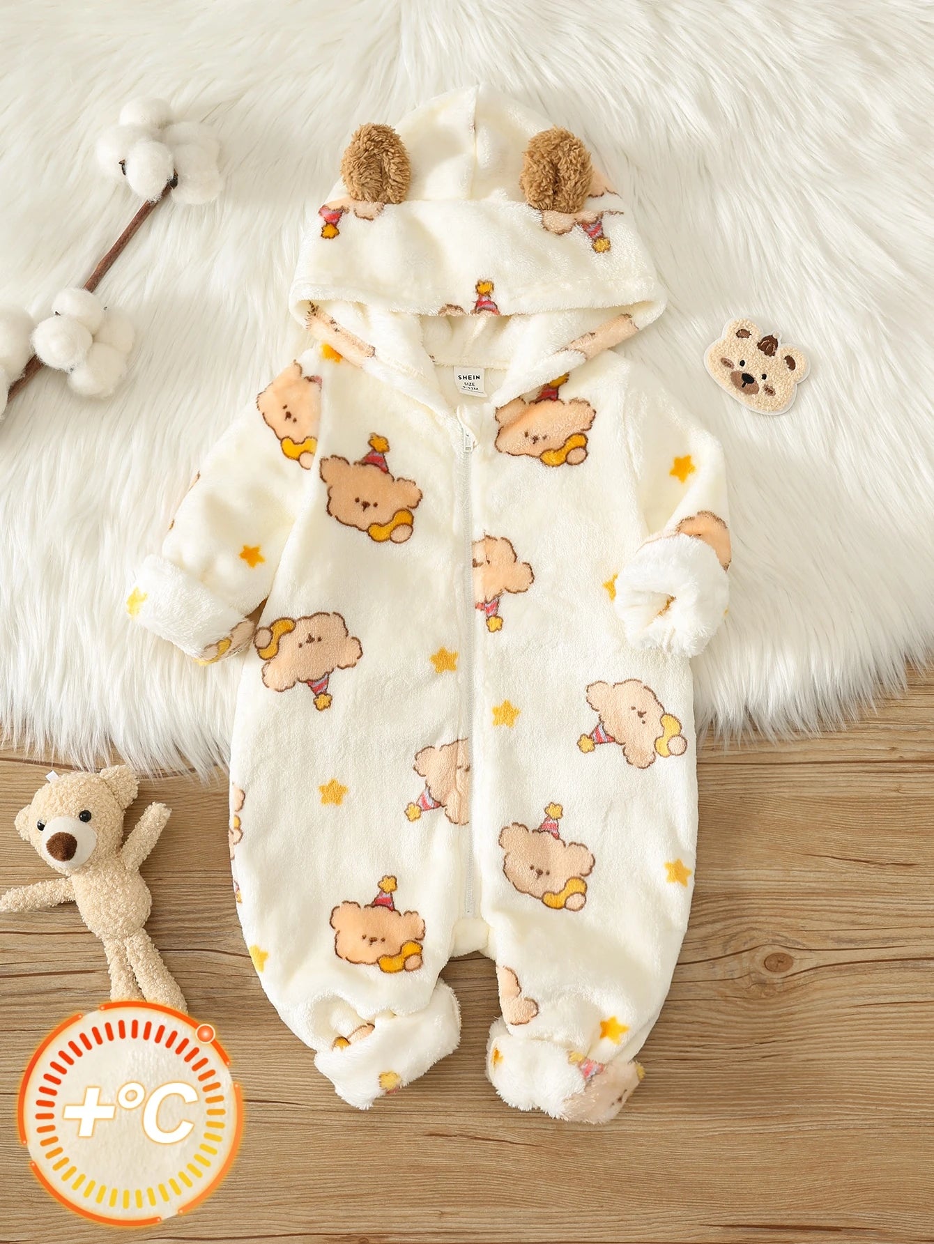 Newborn Baby Boy Autumn/Winter Cute Fluffy Cartoon Pattern Hooded Romper, Fleece Romper, Bear Romper, Halloween Romper