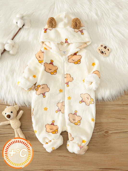 Newborn Baby Boy Autumn/Winter Cute Fluffy Cartoon Pattern Hooded Romper, Fleece Romper, Bear Romper, Halloween Romper