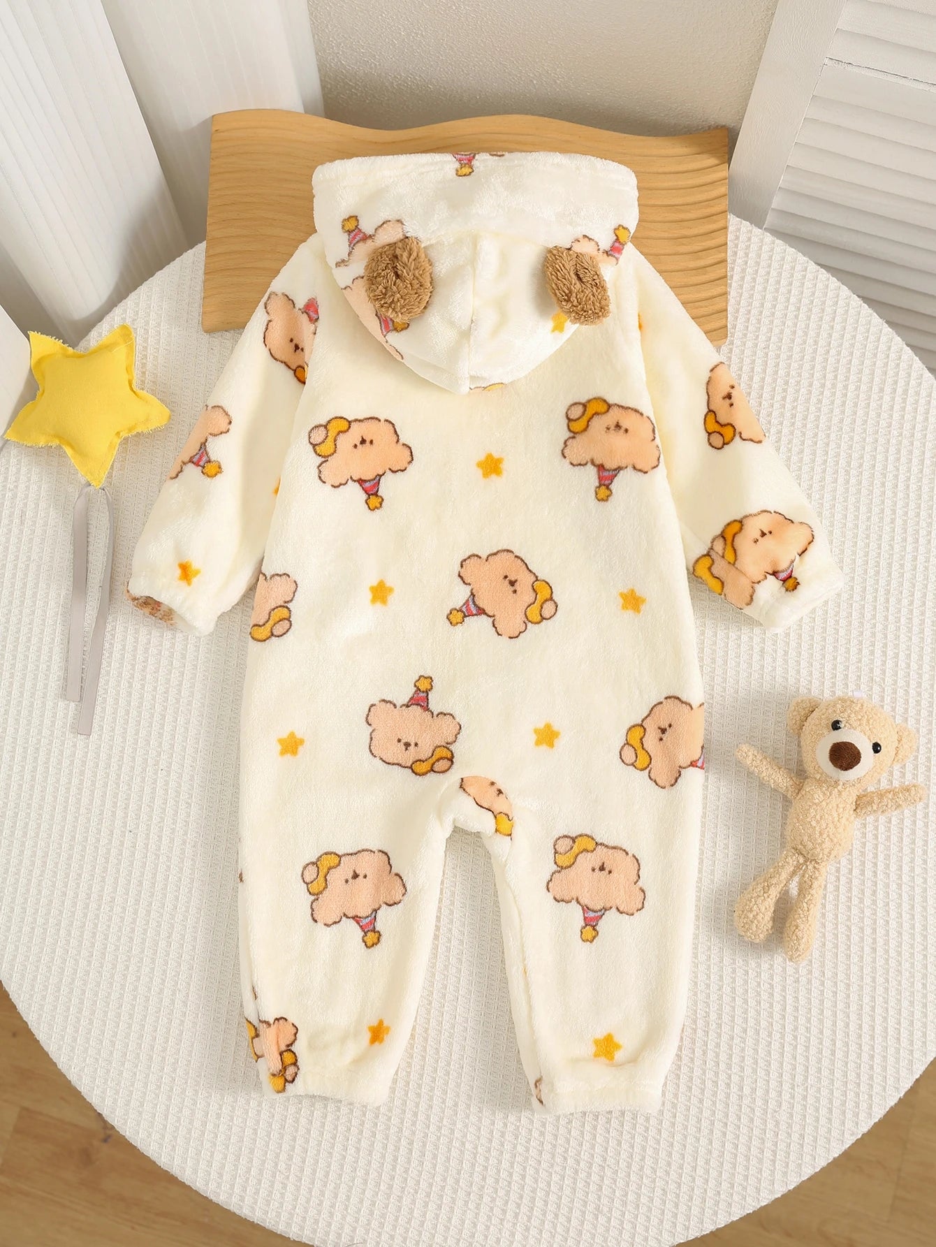Newborn Baby Boy Autumn/Winter Cute Fluffy Cartoon Pattern Hooded Romper, Fleece Romper, Bear Romper, Halloween Romper