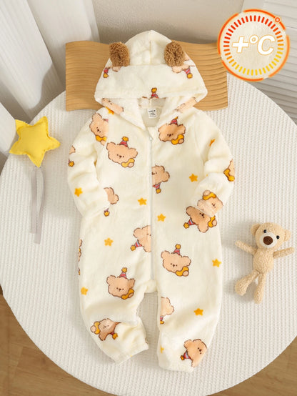 Newborn Baby Boy Autumn/Winter Cute Fluffy Cartoon Pattern Hooded Romper, Fleece Romper, Bear Romper, Halloween Romper